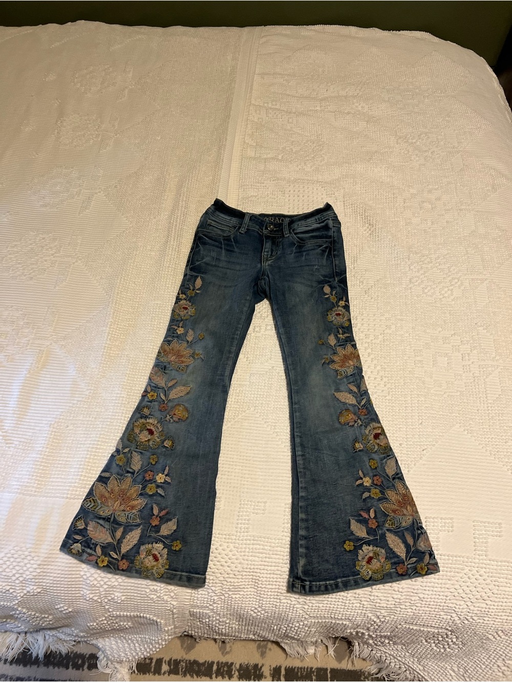 Grace Blue Embroidered Flare Jeans with Multicolor Floral Trim